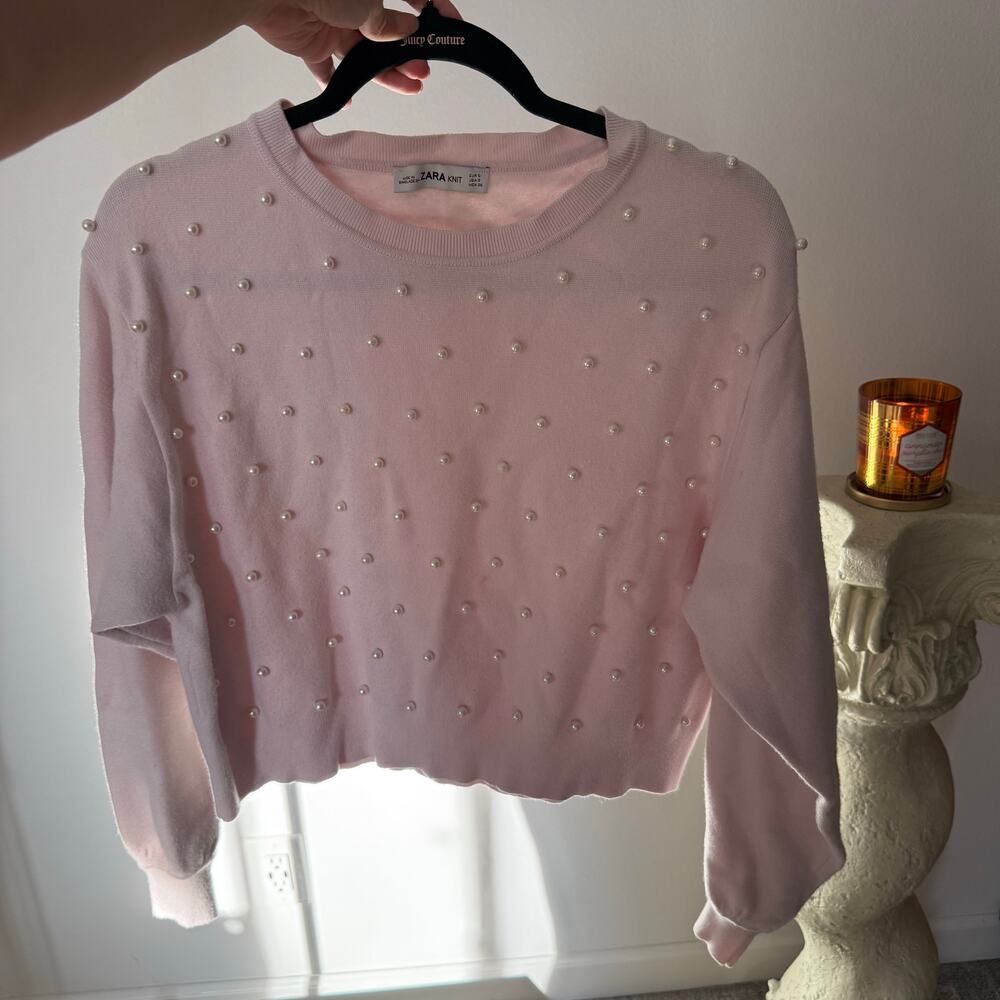 ZARA KNIT Pearl Embellished Sweater Light Pink Size Small